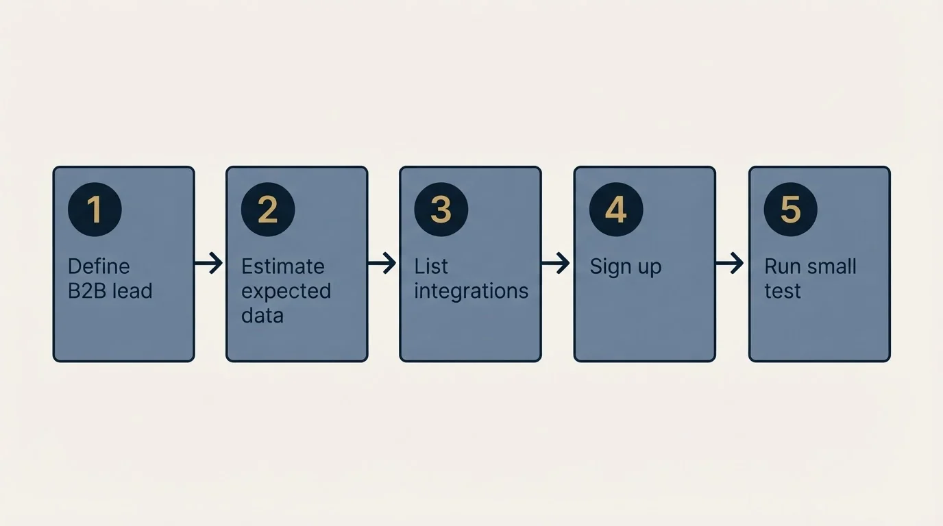 Step sequence: Getting Started Checklist (Define B2B lead, Estimate expected data, List integrations, Sign up)