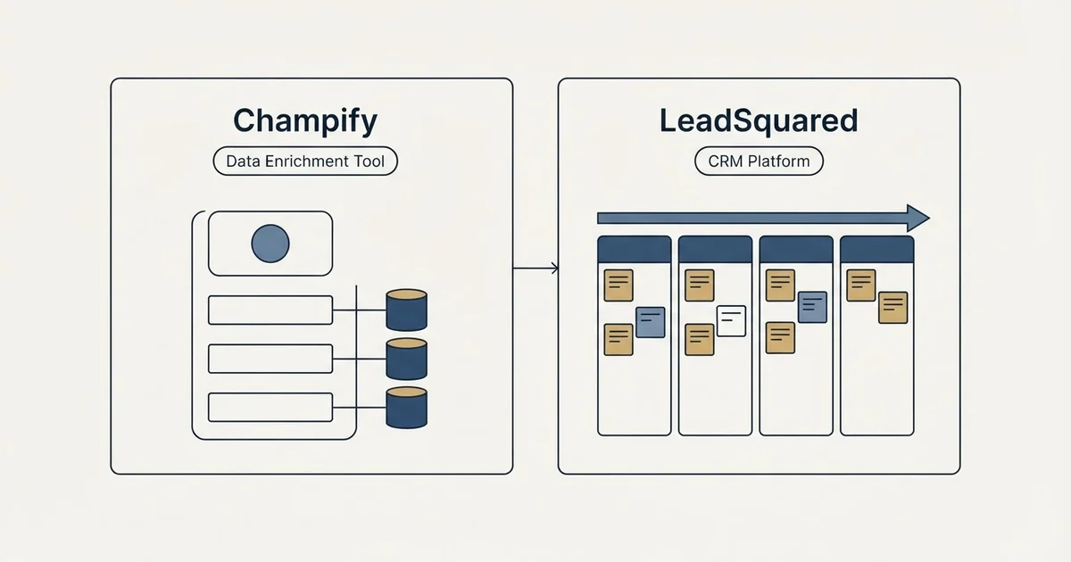 Side-by-side panels: Champify vs LeadSquared (Data Enrichment Tool, CRM Platform)