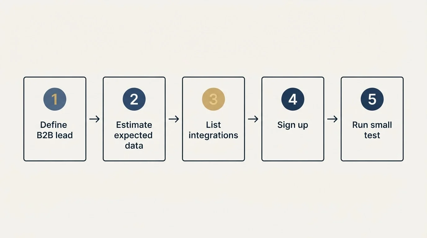 Step sequence: Getting Started Checklist (Define B2B lead, Estimate expected data, List integrations, Sign up)