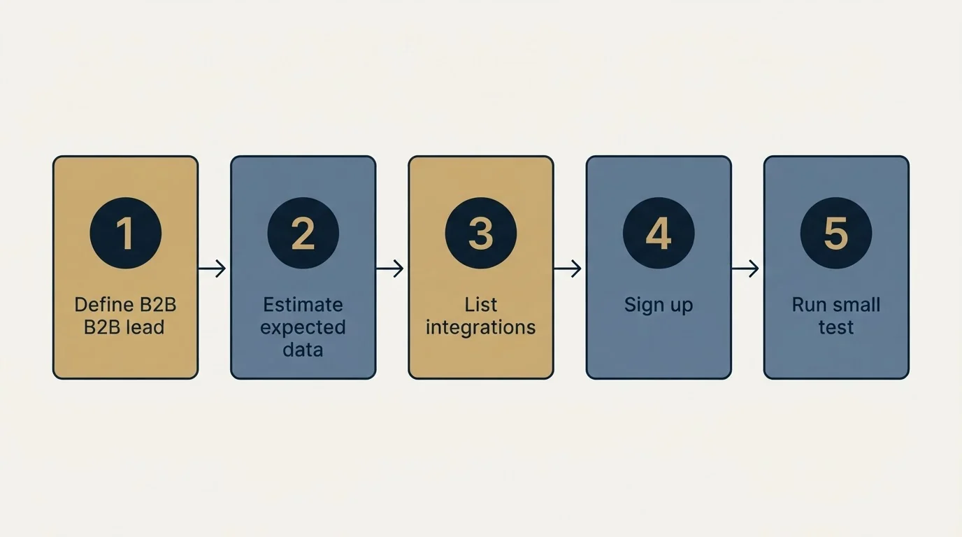 Step sequence: Getting Started Checklist (Define B2B lead, Estimate expected data, List integrations, Sign up)
