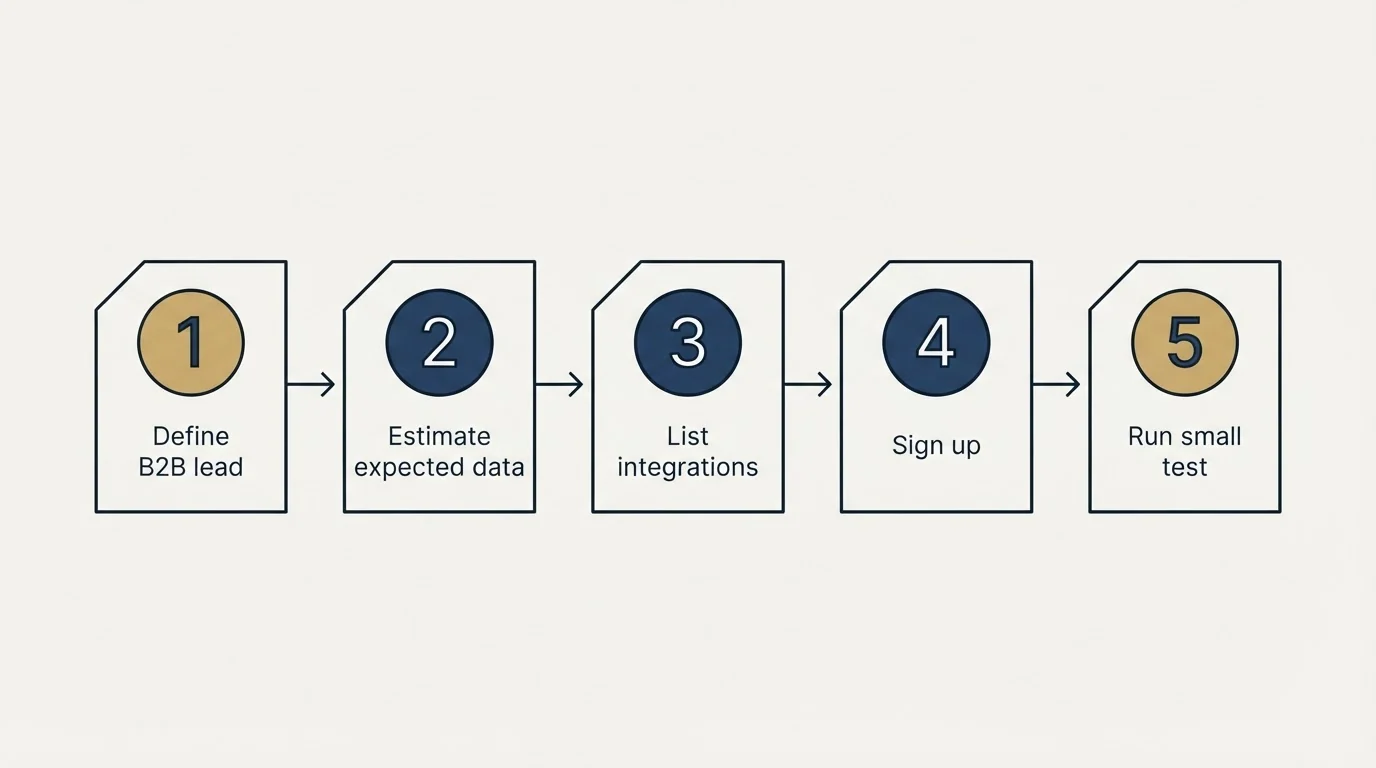 Step sequence: Getting Started Checklist (Define B2B lead, Estimate expected data, List integrations, Sign up)