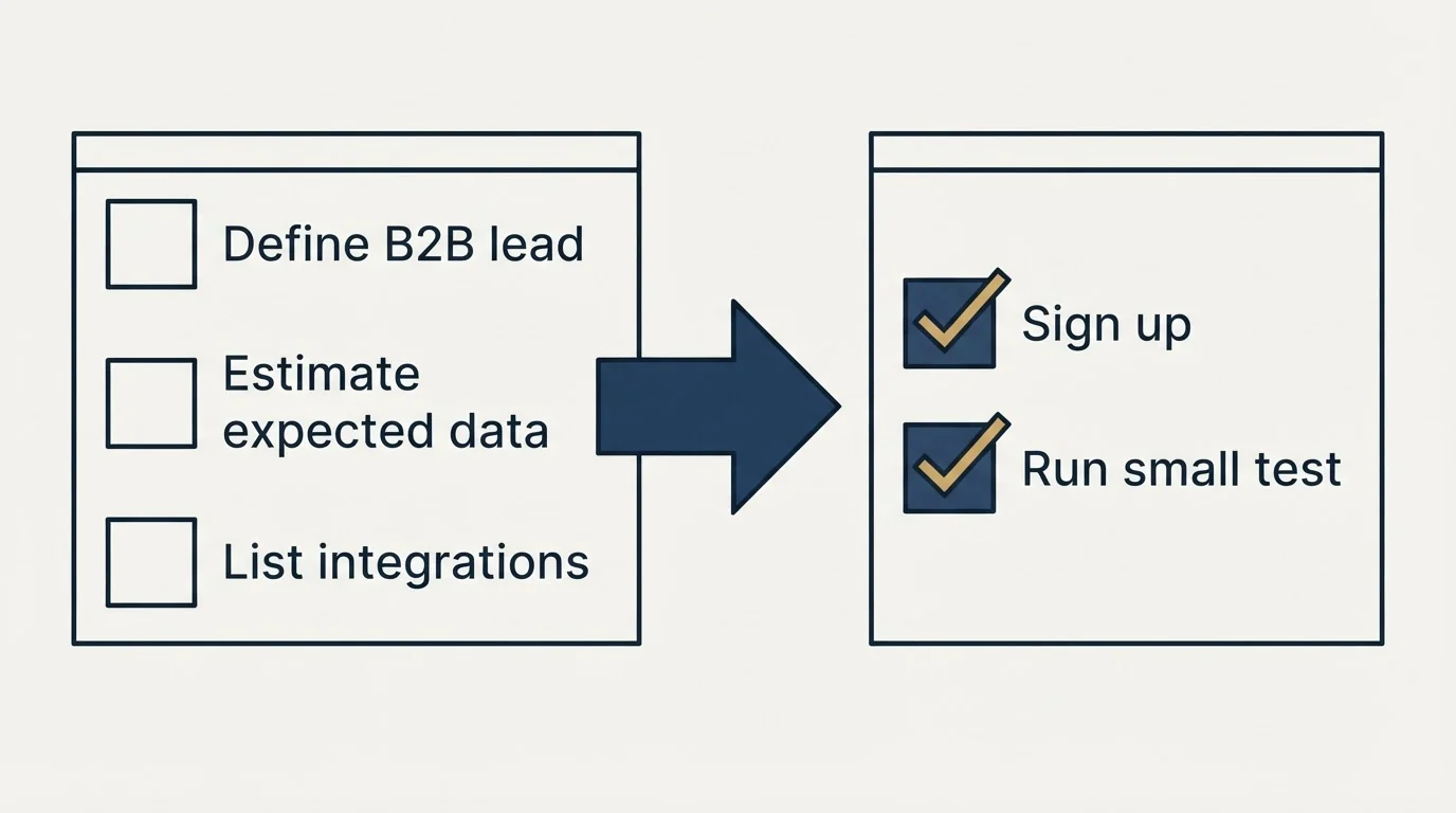 Before-and-after steps: Getting Started Checklist (Define B2B lead, Estimate expected data, List integrations, Sign up)