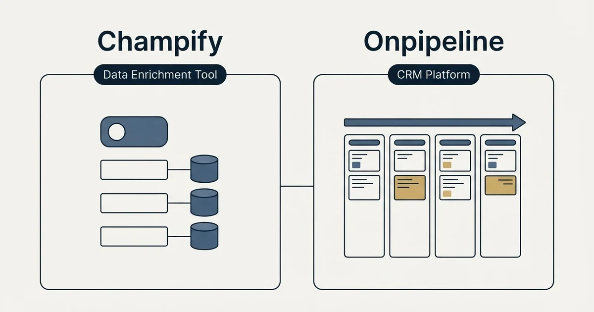 Side-by-side panels: Champify vs Onpipeline (Data Enrichment Tool, CRM Platform)