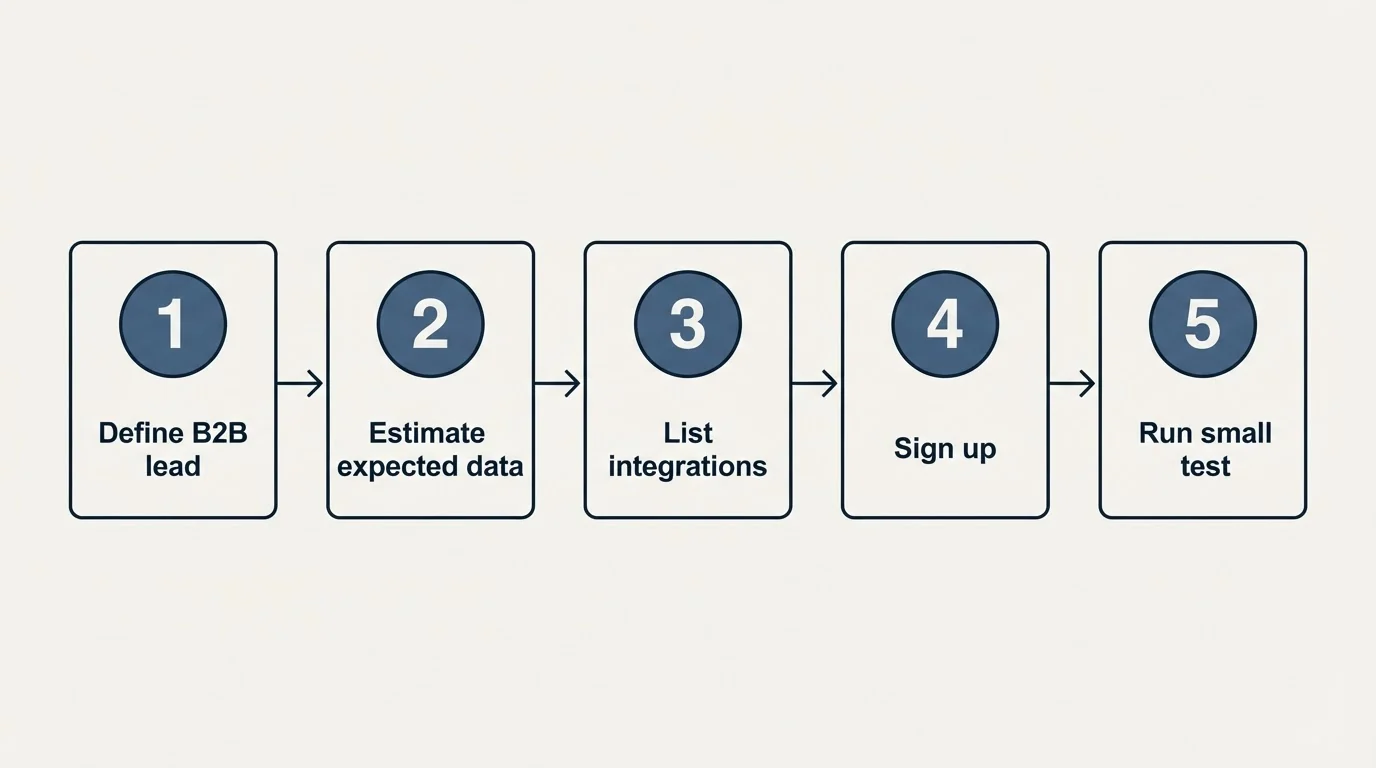 Step sequence: Getting Started Checklist (Define B2B lead, Estimate expected data, List integrations, Sign up)