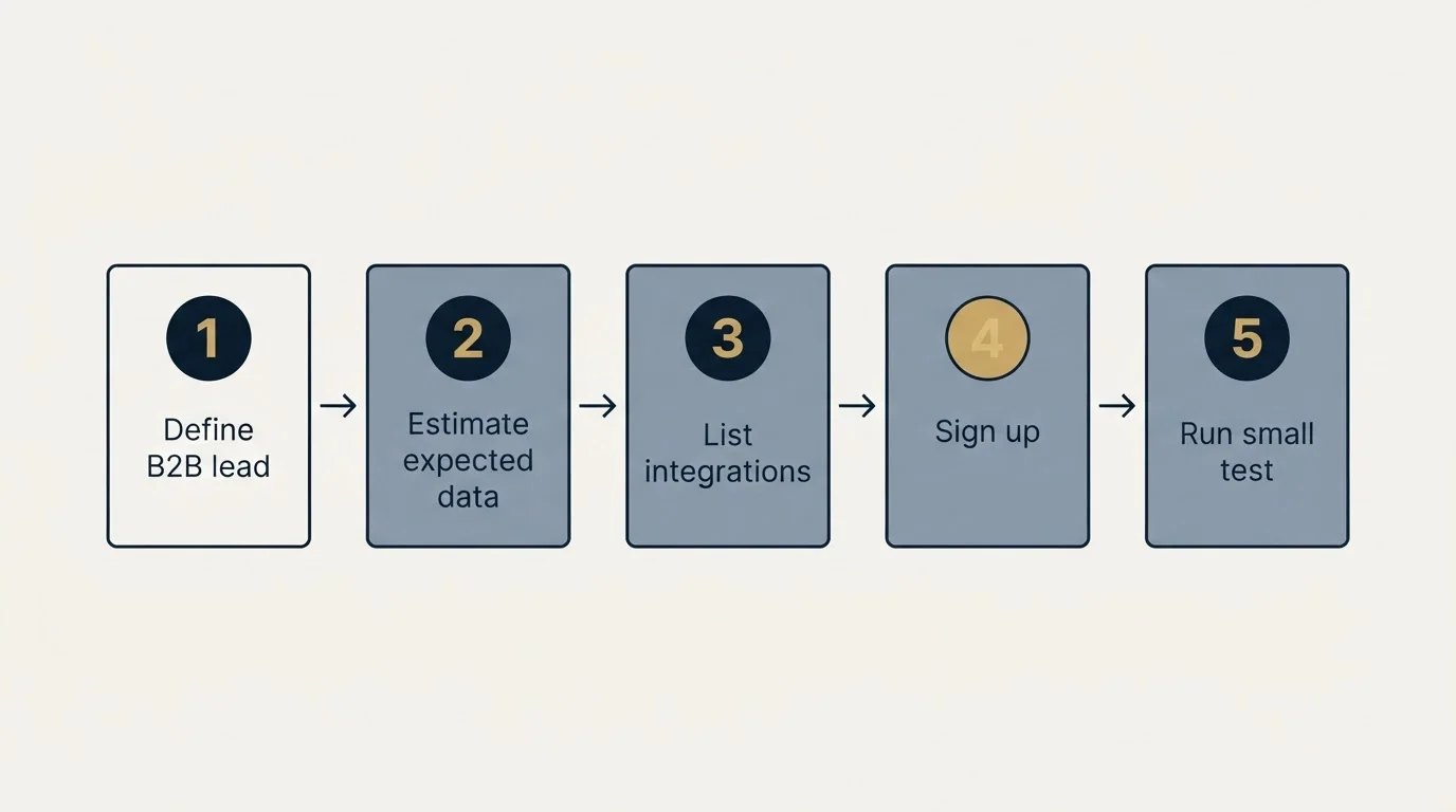 Step sequence: Getting Started Checklist (Define B2B lead, Estimate expected data, List integrations, Sign up)