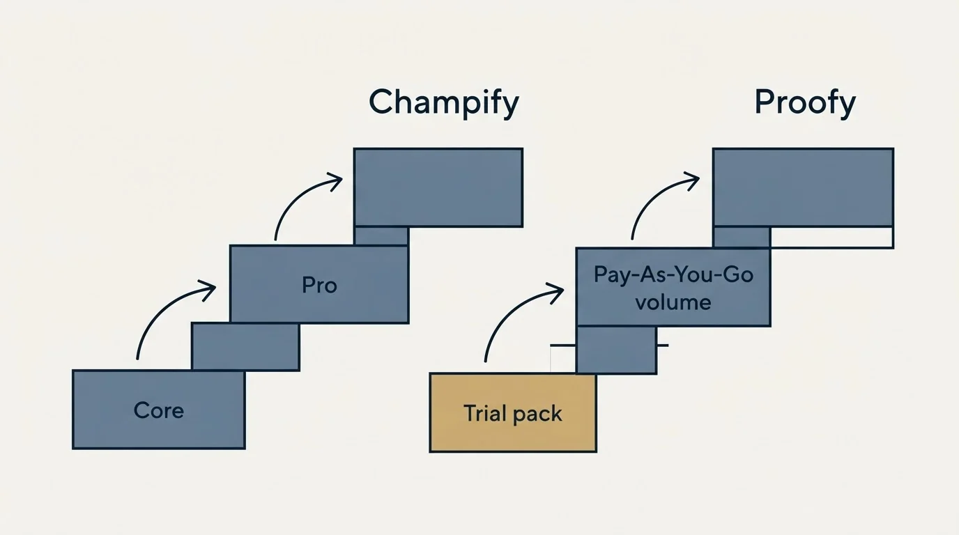 Pricing ladder: Pricing Comparison (Champify, Proofy, Core, Trial pack)