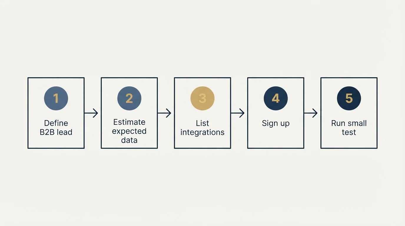 Step sequence: Getting Started Checklist (Define B2B lead, Estimate expected data, List integrations, Sign up)