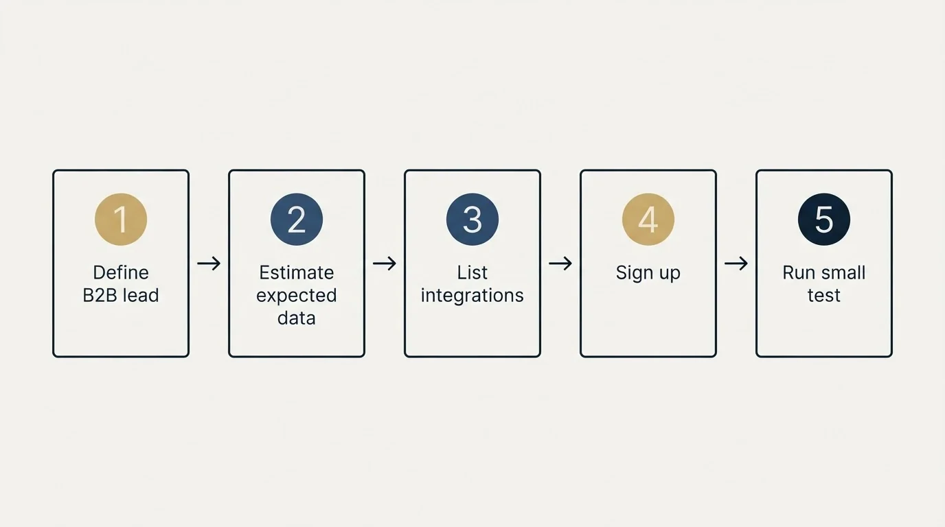 Step sequence: Getting Started Checklist (Define B2B lead, Estimate expected data, List integrations, Sign up)