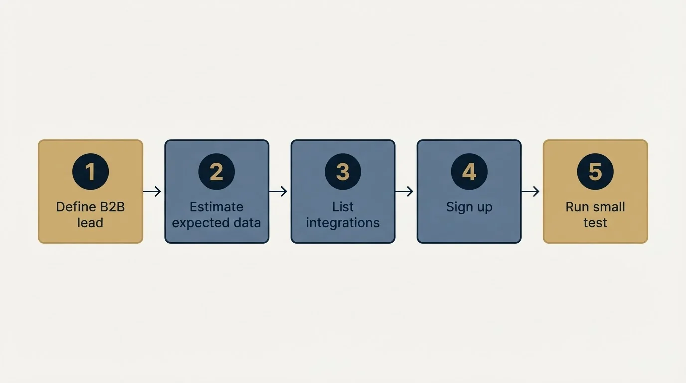 Step sequence: Getting Started Checklist (Define B2B lead, Estimate expected data, List integrations, Sign up)