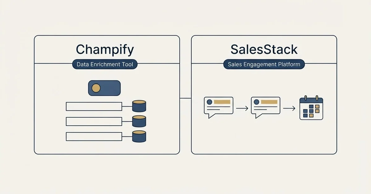 Side-by-side panels: Champify vs SalesStack (Data Enrichment Tool, Sales Engagement Platform)