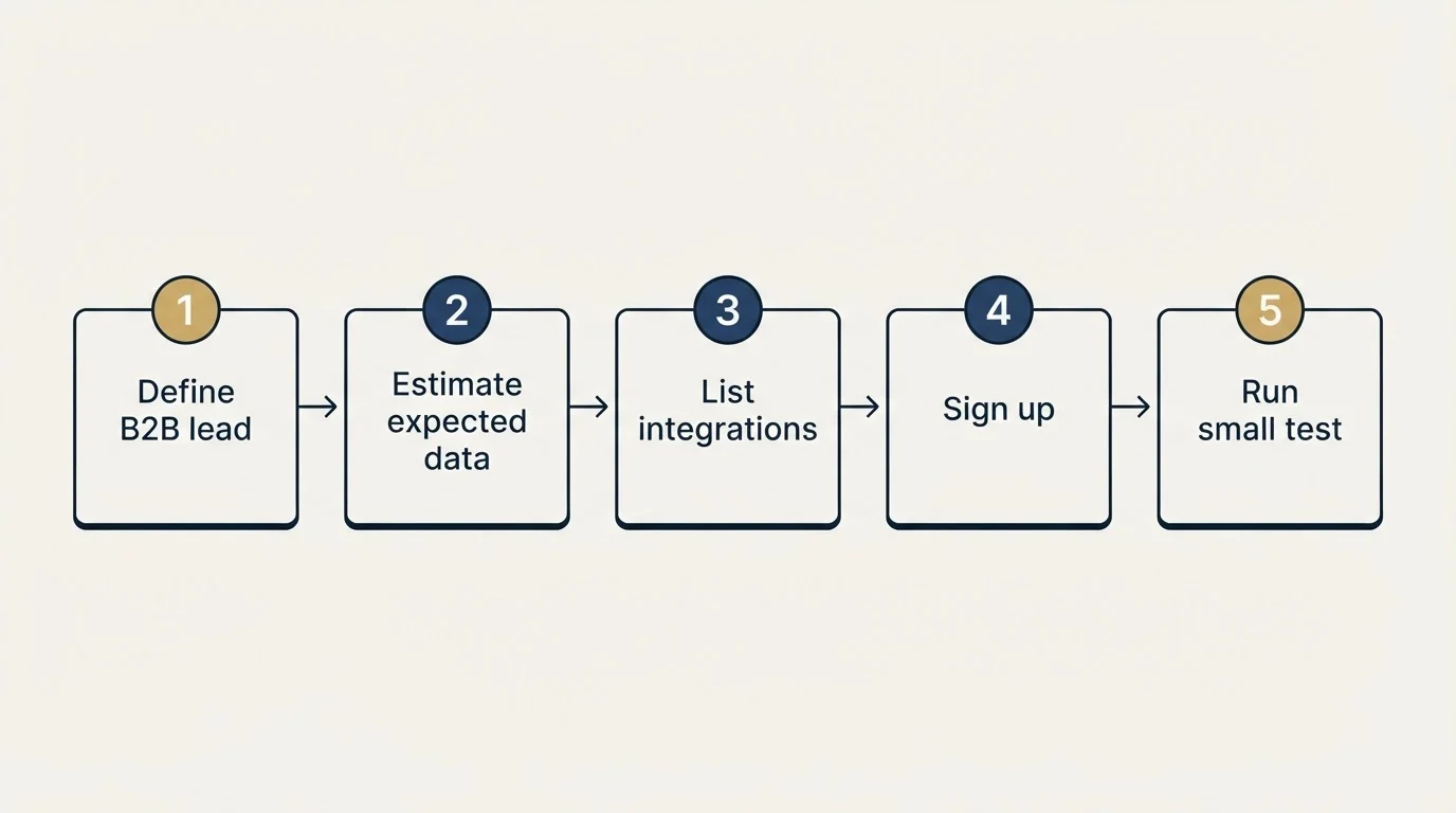 Step sequence: Getting Started Checklist (Define B2B lead, Estimate expected data, List integrations, Sign up)