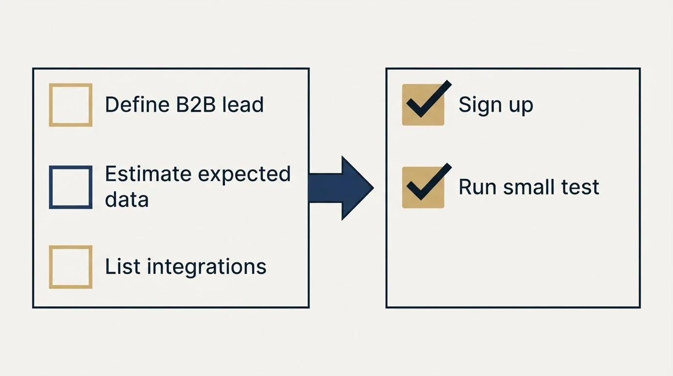 Before-and-after steps: Getting Started Checklist (Define B2B lead, Estimate expected data, List integrations, Sign up)