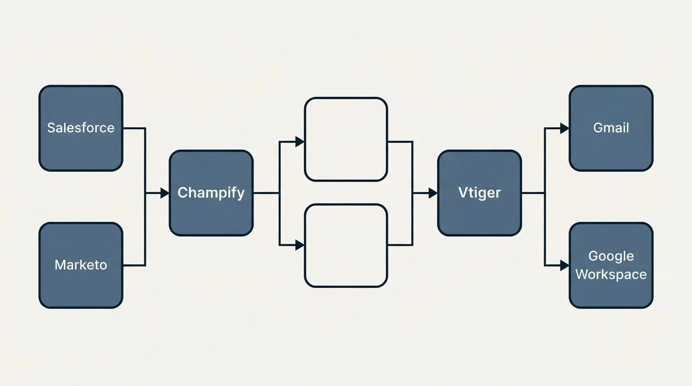 Integration schematic: Integration Ecosystem (Champify, Vtiger, Salesforce, Gmail)