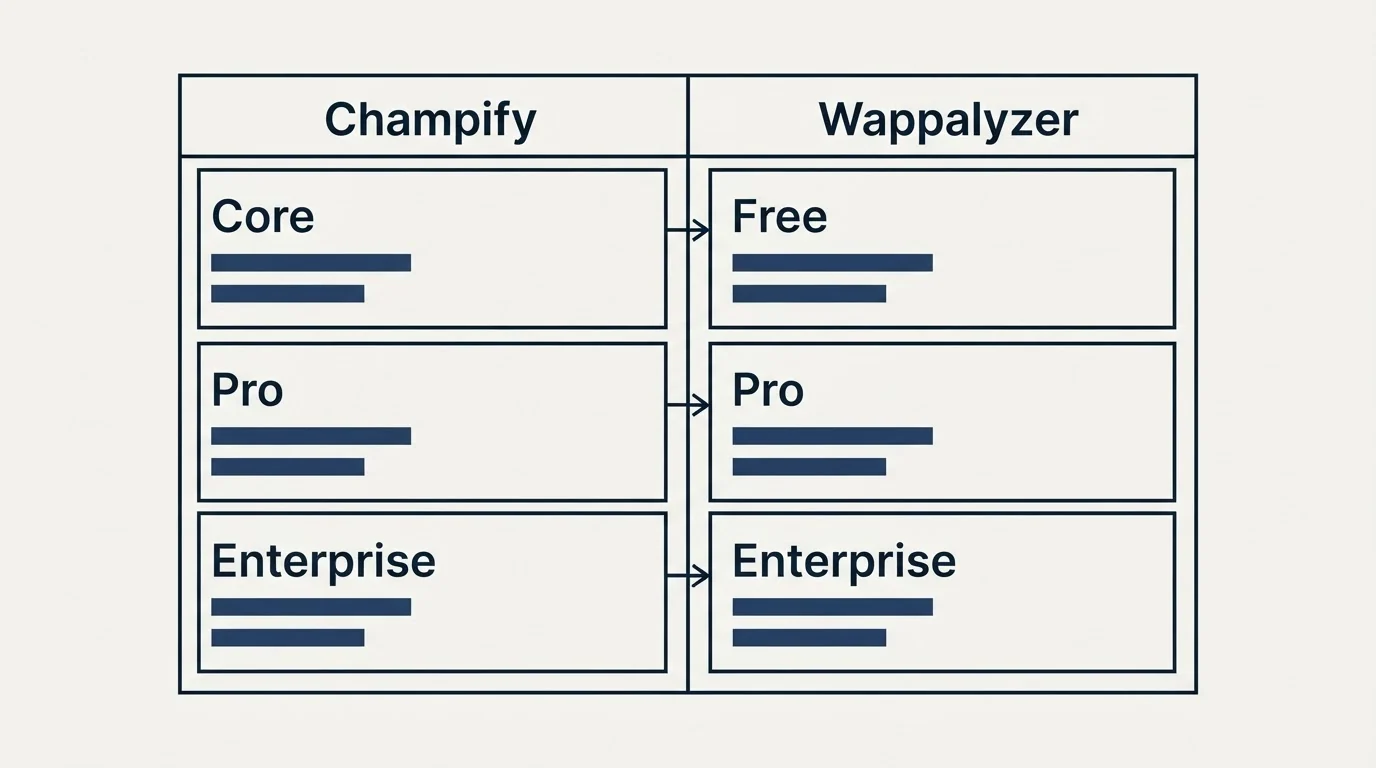 Pricing table: Pricing Comparison (Champify, Wappalyzer, Core, Free)