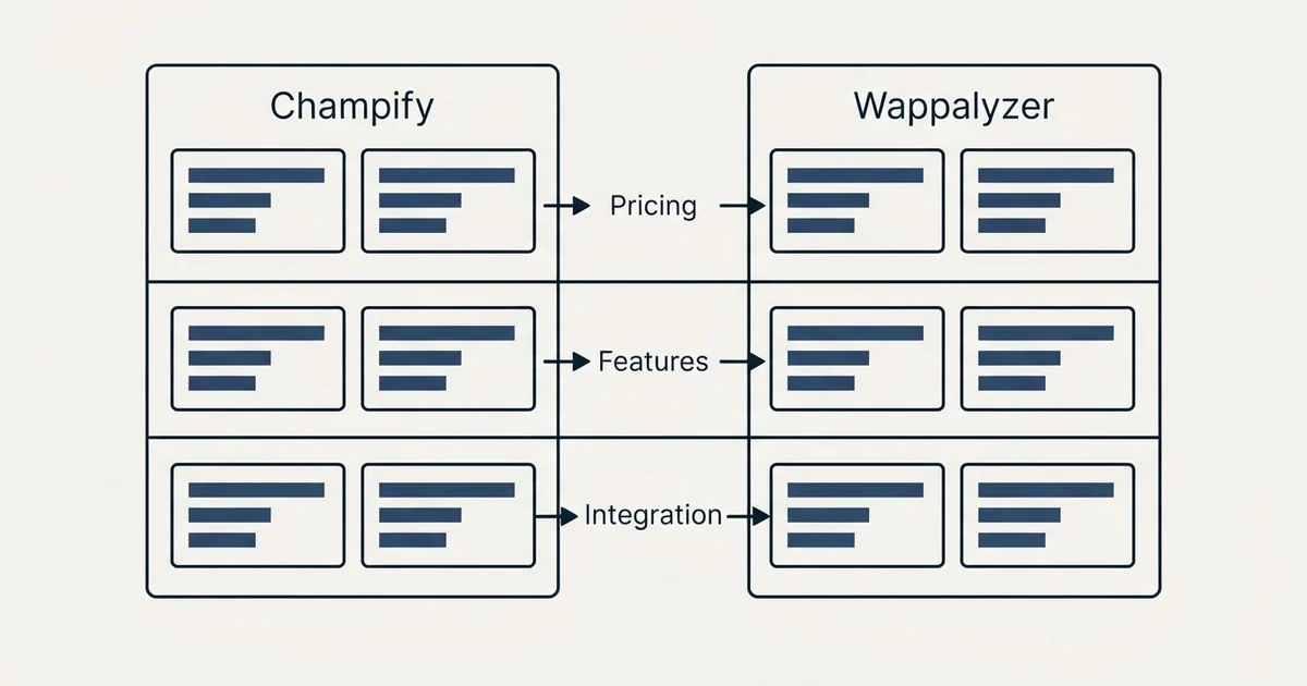 Comparison panel: Champify vs Wappalyzer (Pricing, Features, Integration)