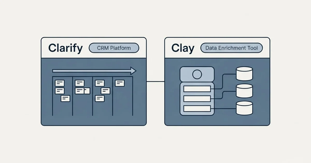Side-by-side panels: Clarify vs Clay (CRM Platform, Data Enrichment Tool)