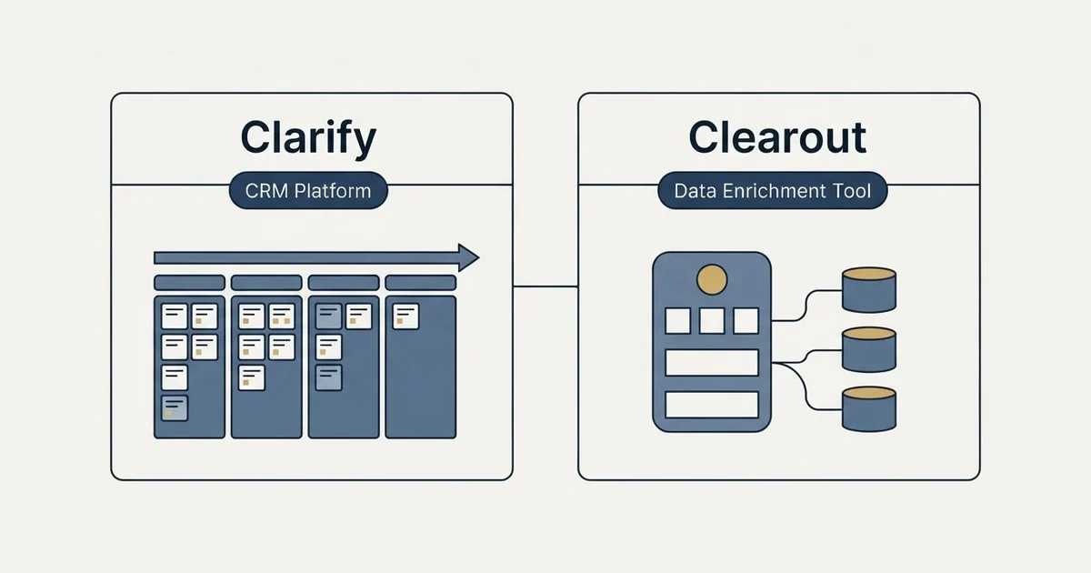 Side-by-side panels: Clarify vs Clearout (CRM Platform, Data Enrichment Tool)