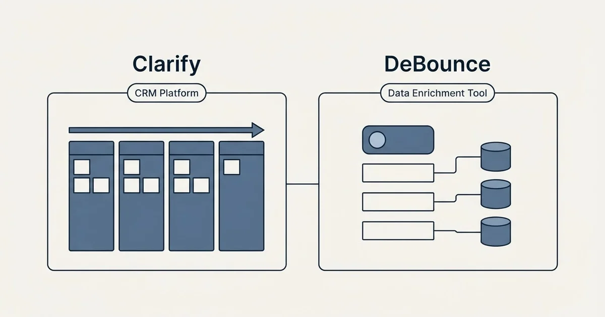 Side-by-side panels: Clarify vs DeBounce (CRM Platform, Data Enrichment Tool)