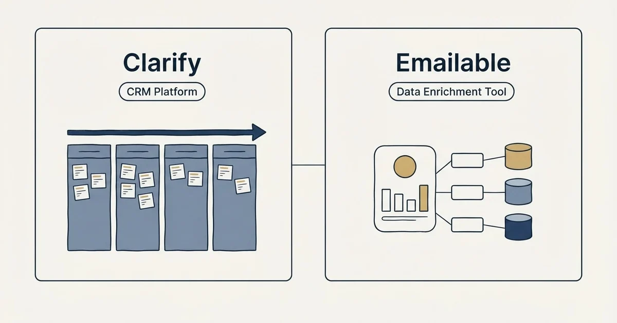 Side-by-side panels: Clarify vs Emailable (CRM Platform, Data Enrichment Tool)