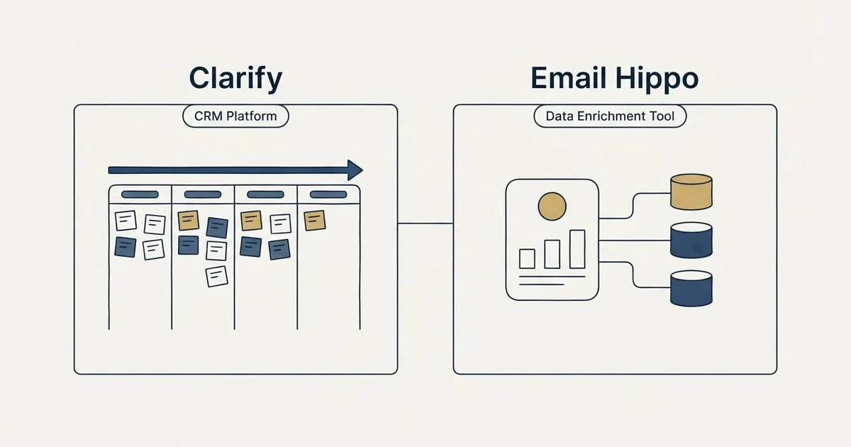 Side-by-side panels: Clarify vs Email Hippo (CRM Platform, Data Enrichment Tool)