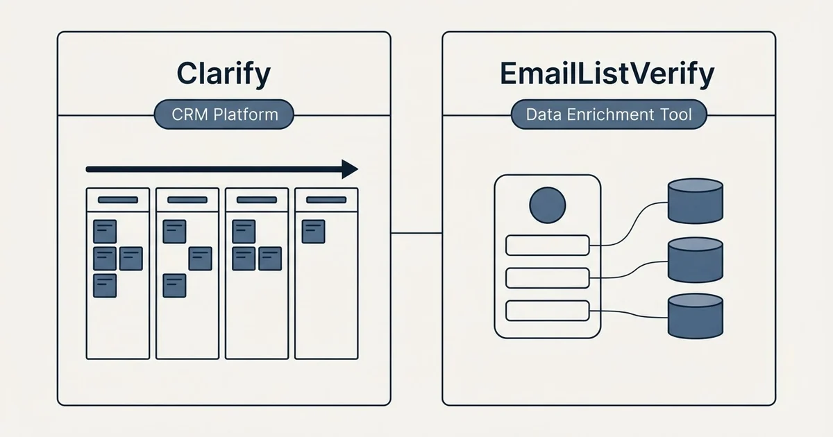 Side-by-side panels: Clarify vs EmailListVerify (CRM Platform, Data Enrichment Tool)