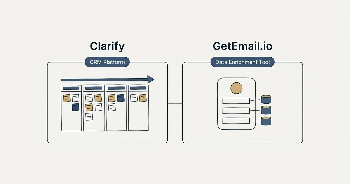 Side-by-side panels: Clarify vs GetEmail.io (CRM Platform, Data Enrichment Tool)