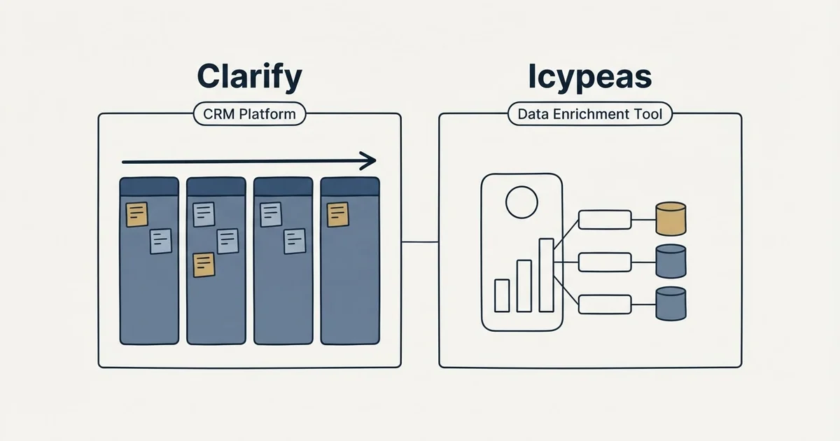 Side-by-side panels: Clarify vs Icypeas (CRM Platform, Data Enrichment Tool)