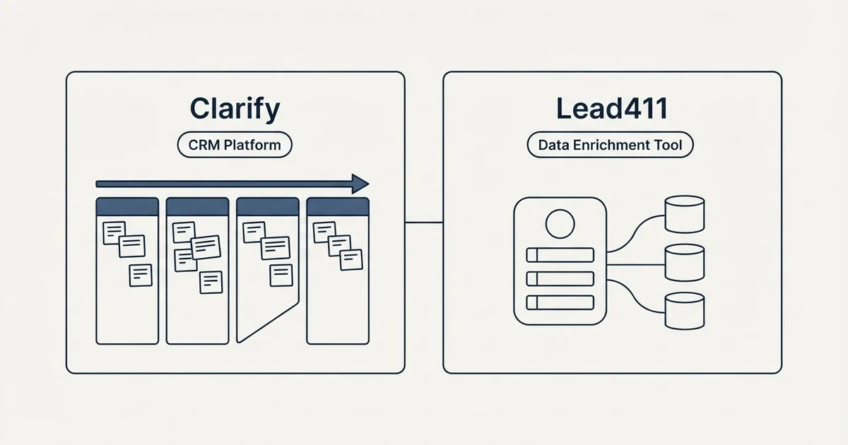 Side-by-side panels: Clarify vs Lead411 (CRM Platform, Data Enrichment Tool)