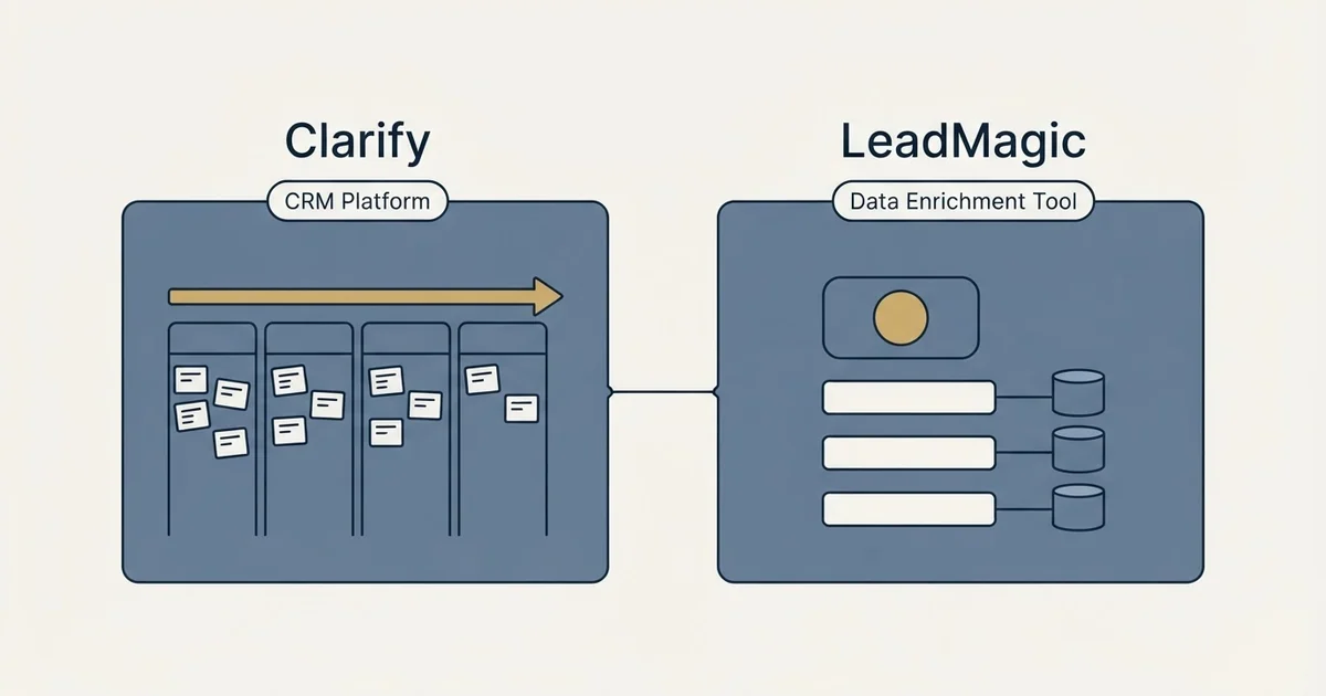 Side-by-side panels: Clarify vs LeadMagic (CRM Platform, Data Enrichment Tool)