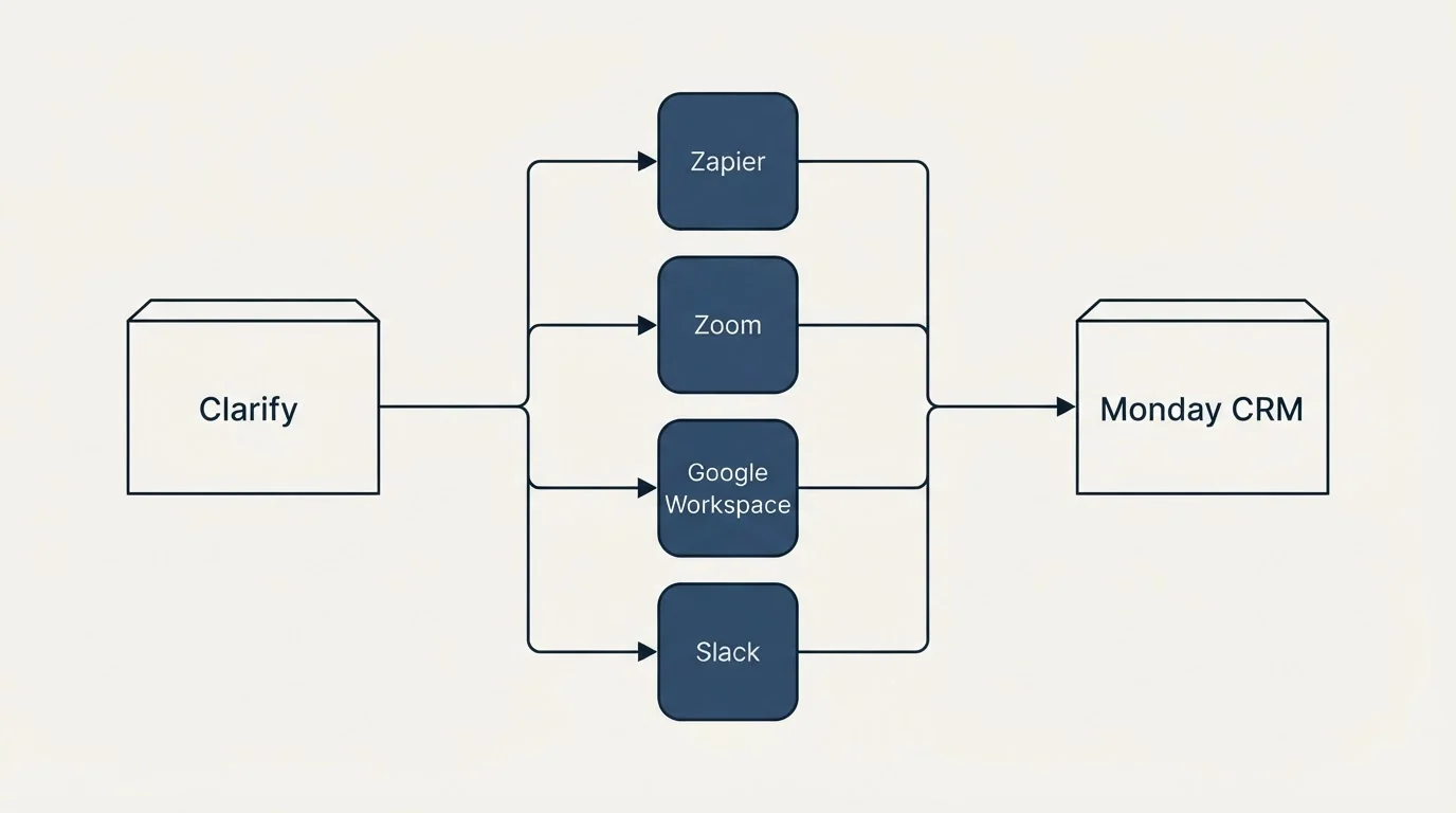 Integration flow: Integration Ecosystem (Clarify, Monday CRM, Zapier, Zoom)