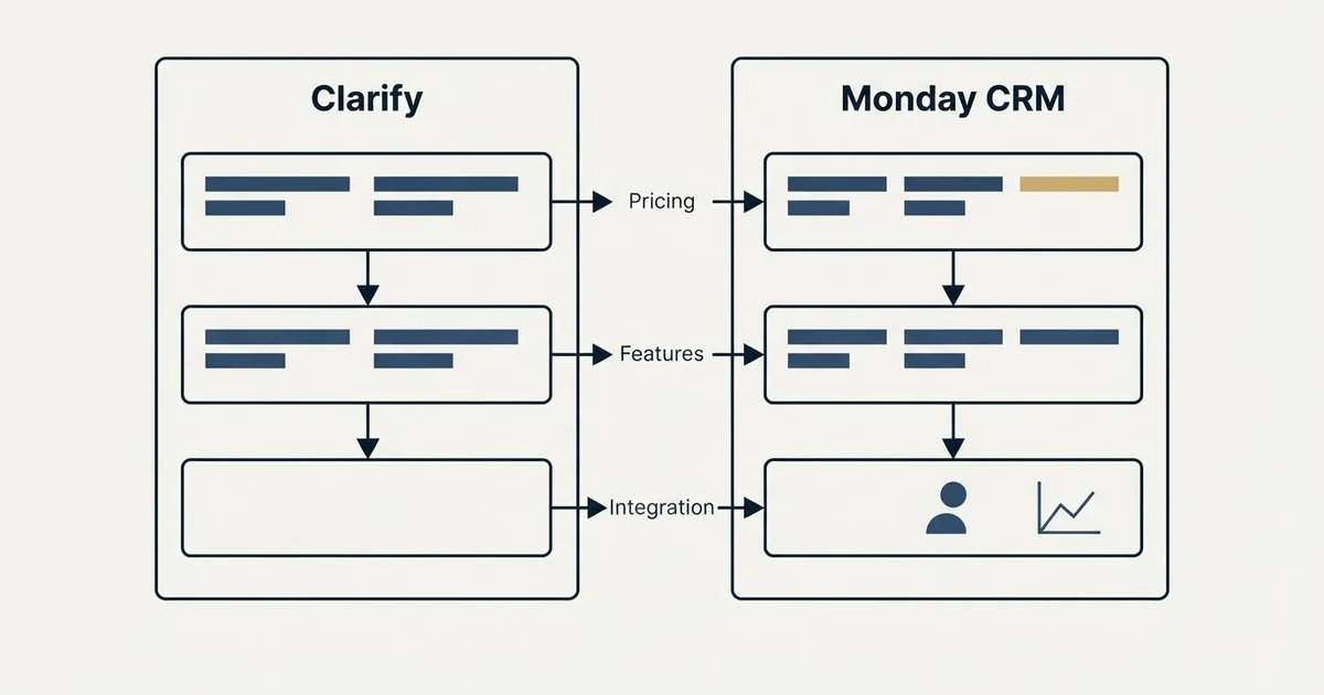 Comparison panel: Clarify vs Monday CRM (Pricing, Features, Integration)