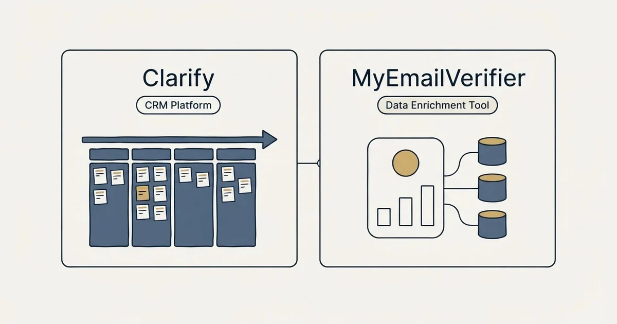 Side-by-side panels: Clarify vs MyEmailVerifier (CRM Platform, Data Enrichment Tool)