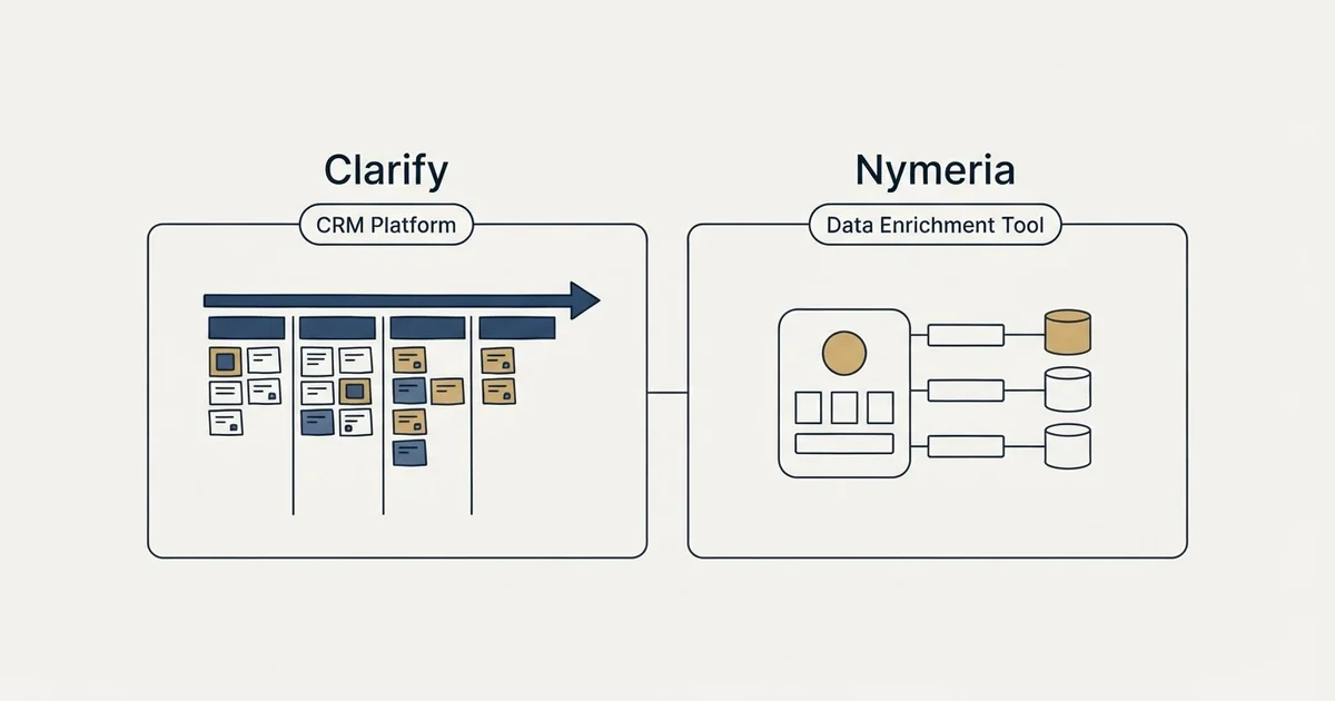 Side-by-side panels: Clarify vs Nymeria (CRM Platform, Data Enrichment Tool)