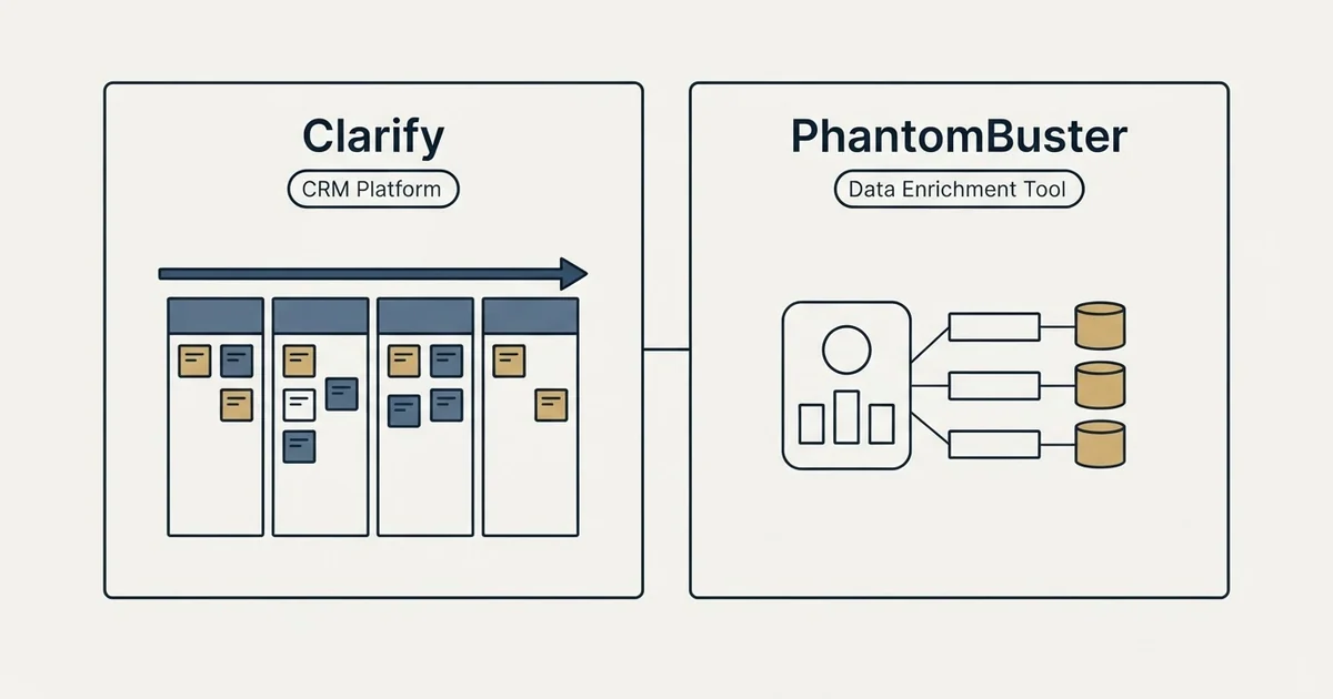 Side-by-side panels: Clarify vs PhantomBuster (CRM Platform, Data Enrichment Tool)