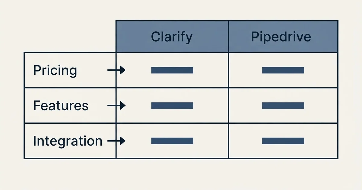 Comparison panel: Clarify vs Pipedrive (Pricing, Features, Integration)