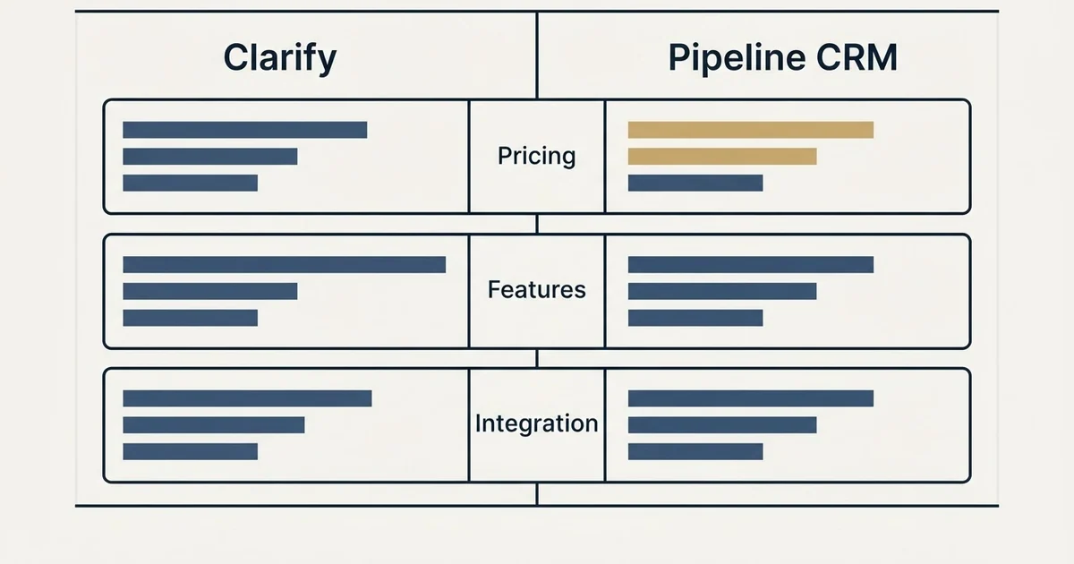 Comparison panel: Clarify vs Pipeline CRM (Pricing, Features, Integration)
