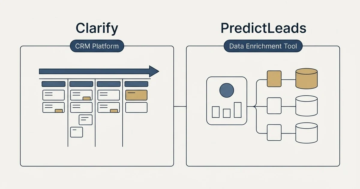 Side-by-side panels: Clarify vs PredictLeads (CRM Platform, Data Enrichment Tool)