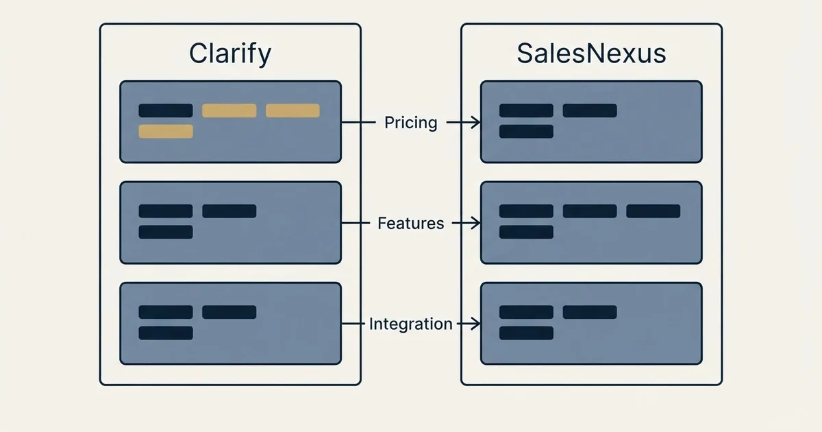 Comparison panel: Clarify vs SalesNexus (Pricing, Features, Integration)