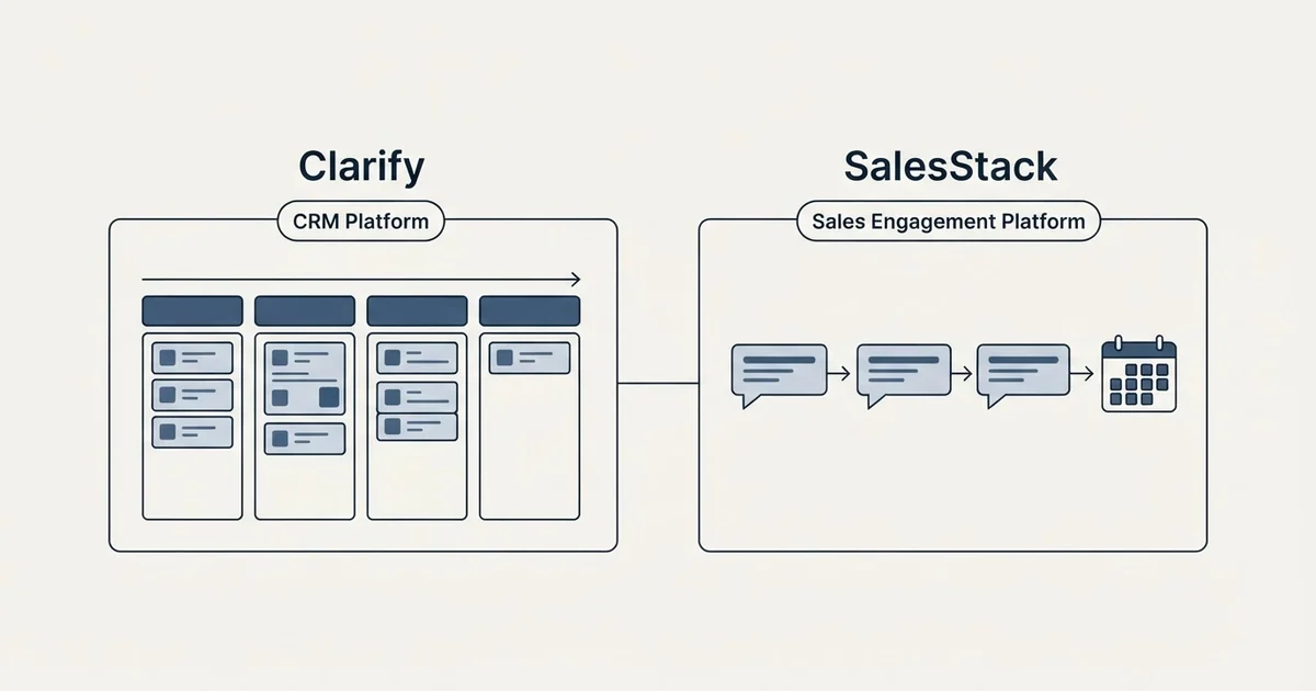 Side-by-side panels: Clarify vs SalesStack (CRM Platform, Sales Engagement Platform)
