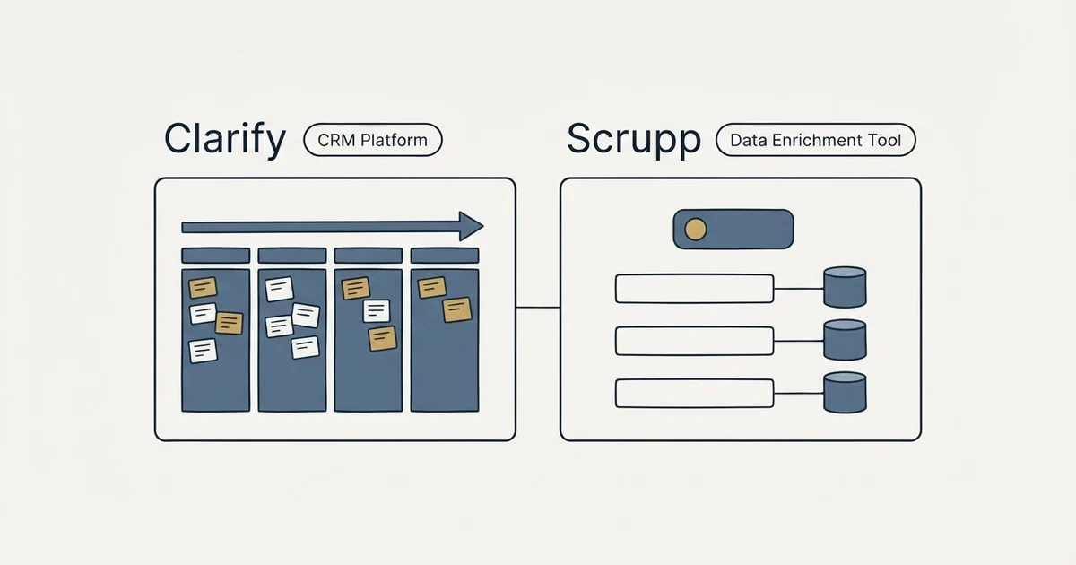 Side-by-side panels: Clarify vs Scrupp (CRM Platform, Data Enrichment Tool)