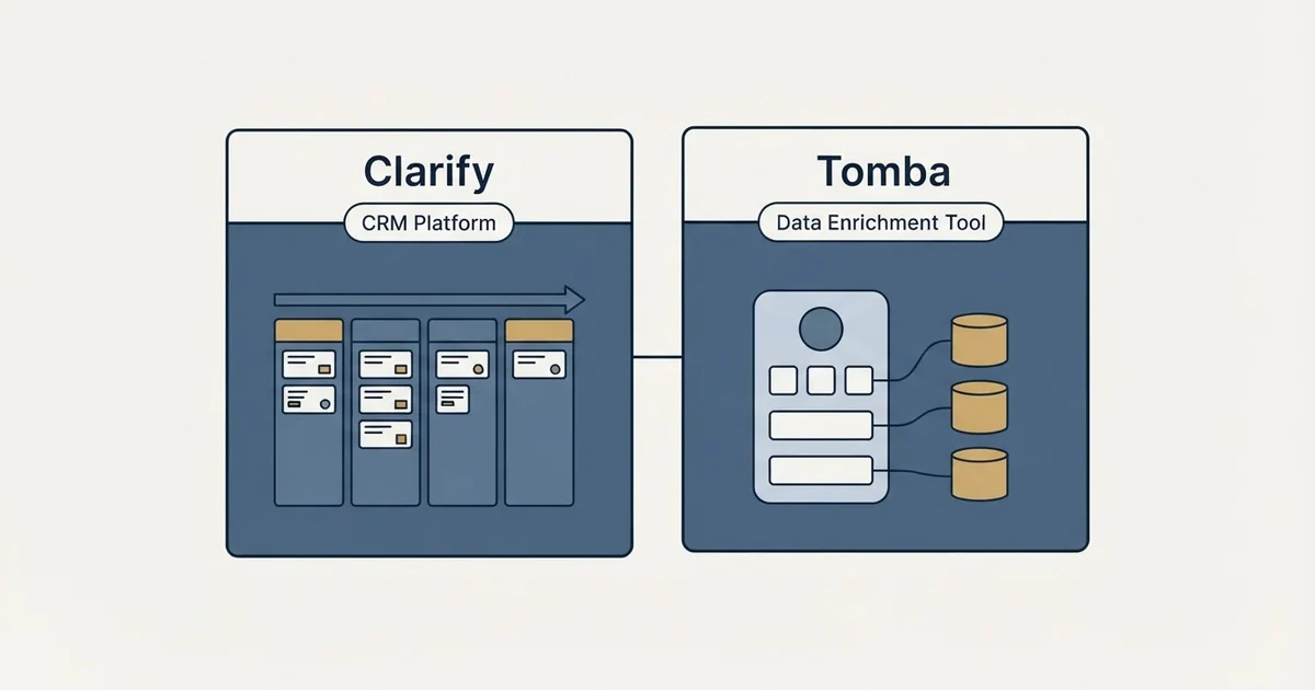 Side-by-side panels: Clarify vs Tomba (CRM Platform, Data Enrichment Tool)