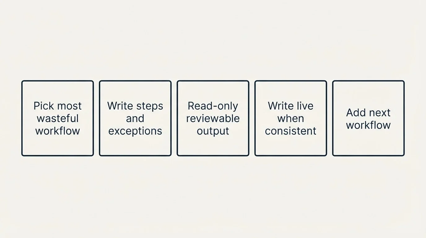 Schematic: How To Start Without Betting The Quarter (Pick most wasteful workflow, Write steps and exceptions, Read-only reviewable output, Write live when consistent)