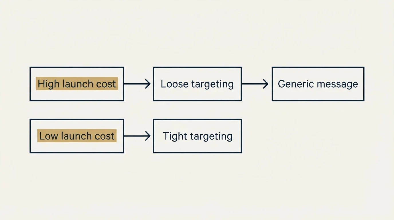 Schematic: The Result That Actually Matters (High launch cost, Loose targeting, Generic message, Low launch cost)
