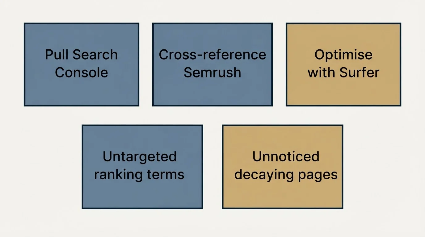 Schematic: SEO Gap Analysis (Pull Search Console, Cross-reference Semrush, Optimise with Surfer, Unnoticed decaying pages)