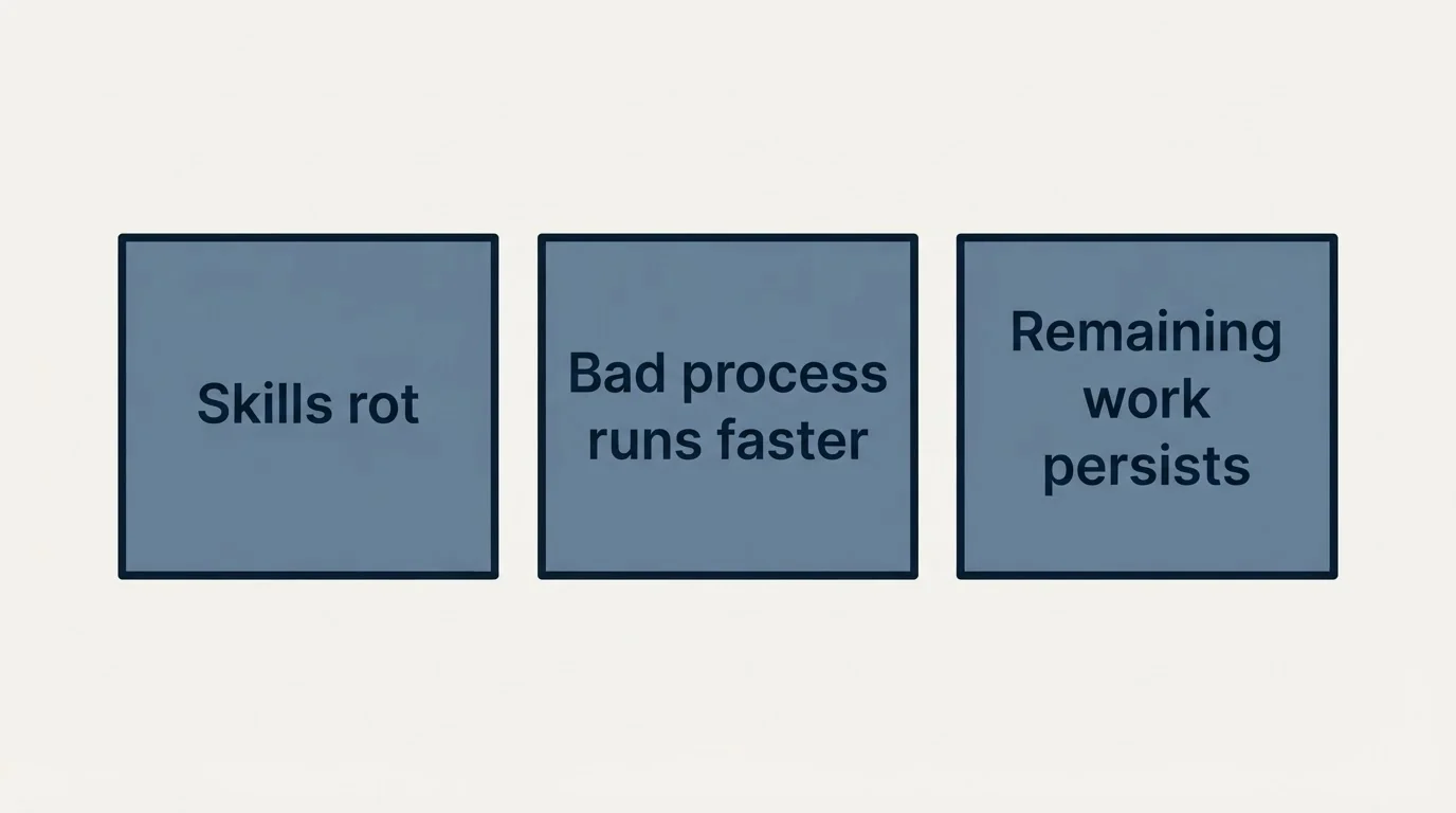 Schematic: What breaks (Skills rot, Bad process runs faster, Remaining work persists)