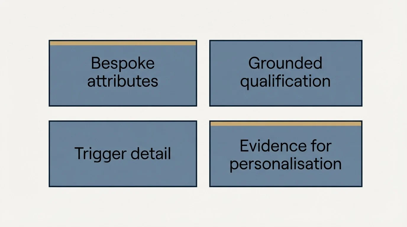 Schematic: Where an agent beats a provider (Bespoke attributes, Grounded qualification, Trigger detail, Evidence for personalisation)