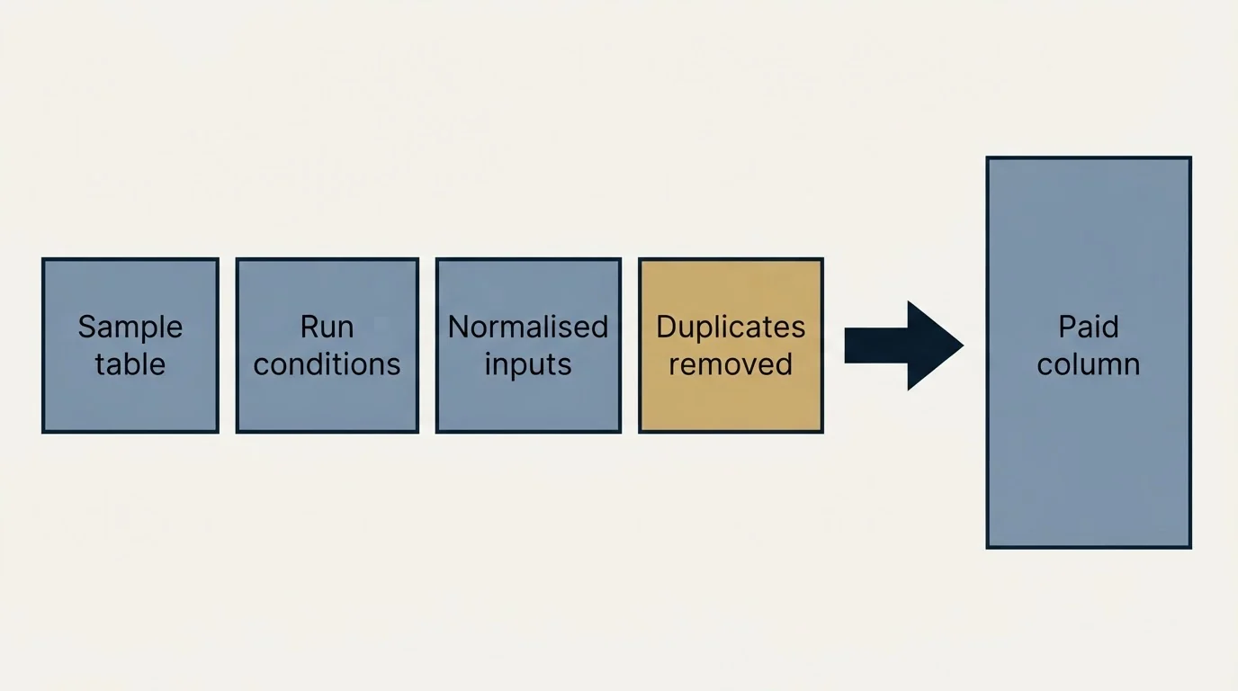 Schematic: Cap the damage while you are building (Sample table, Run conditions, Normalised inputs, Duplicates removed)