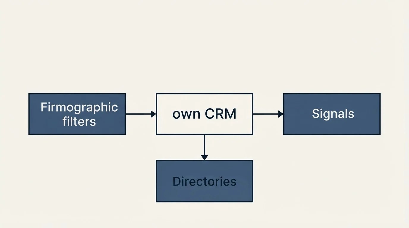 Schematic: Where the companies come from (own CRM, Firmographic filters, Signals, Directories)