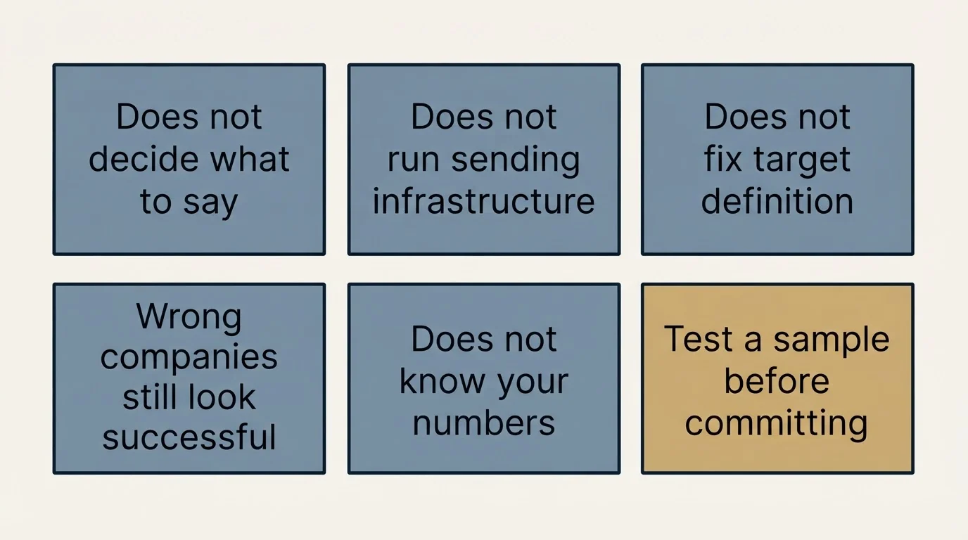 Schematic: What this workflow does not solve (Does not decide what to say, Does not run sending infrastructure, Does not fix target definition, Wrong companies still look successful)
