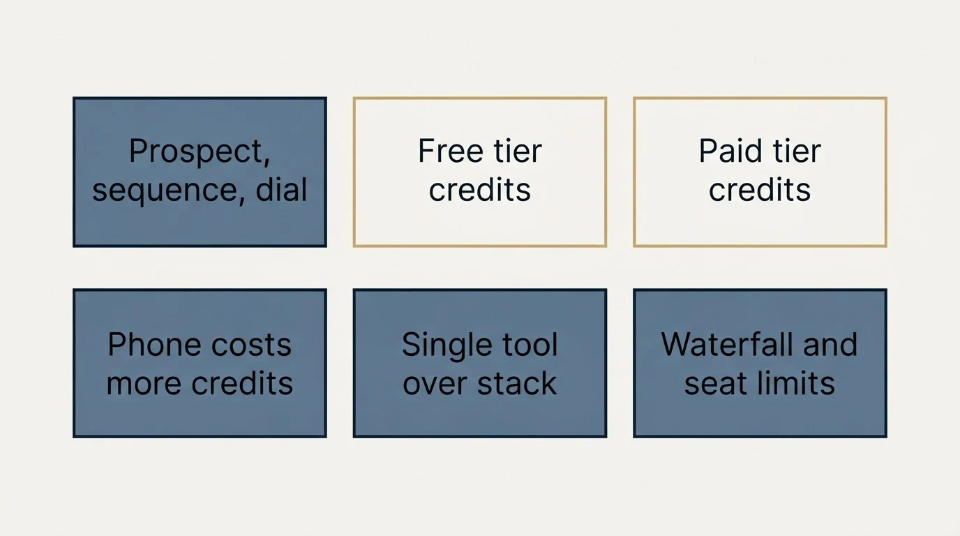 Schematic: Apollo.io: The All-In-One Starter (Prospect, sequence, dial, Free tier credits, Paid tier credits, Phone costs more credits)